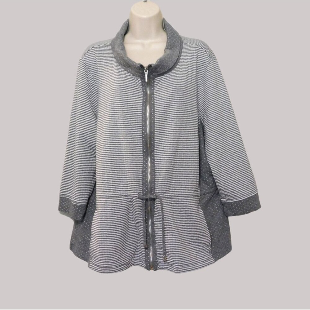 Chicos 4 Jacket Womens 20 XXL Gray White Dots Striped Zipper Drawstring Pockets